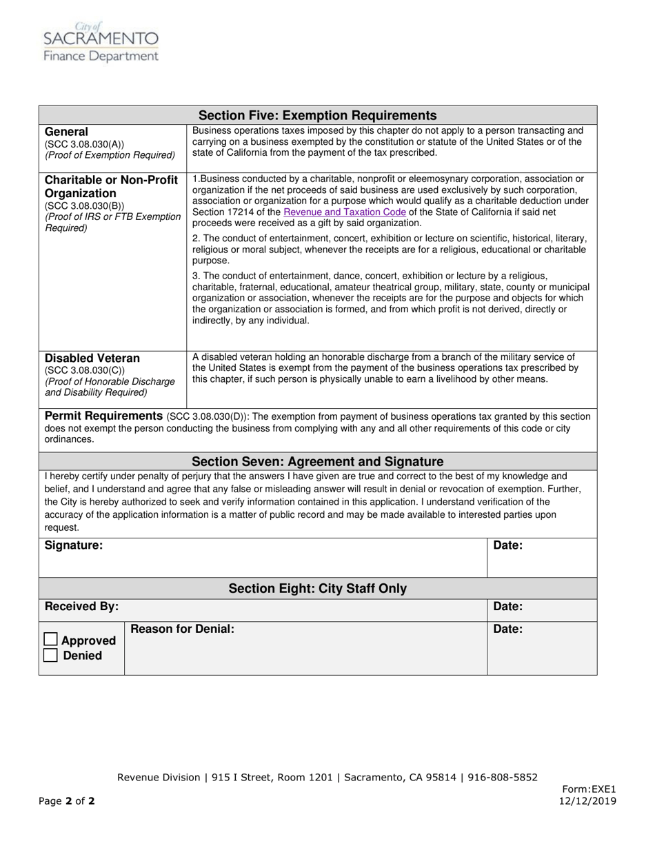 Form EXE1 Application for Exemption From Business Operations Tax - City of Sacramento, California, Page 2