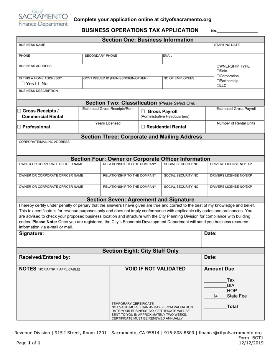 Form BOT1 Fill Out, Sign Online and Download Fillable PDF, City of