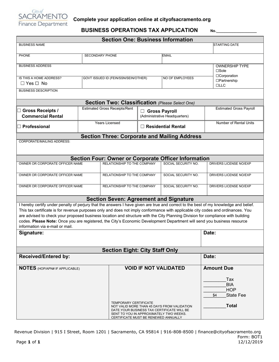 Form BOT1 Business Operations Tax Application - City of Sacramento, California, Page 1