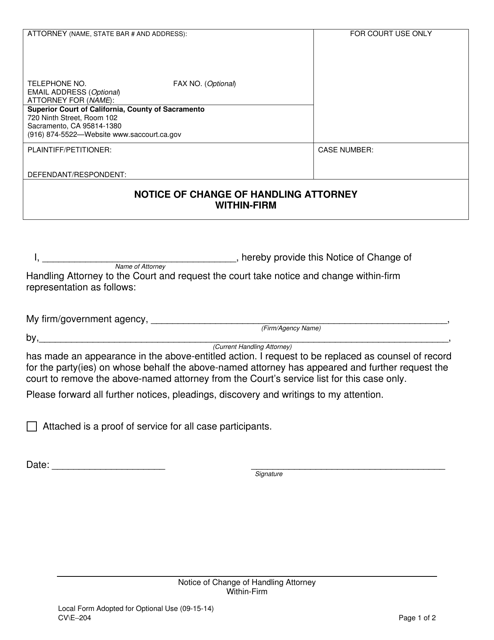 Form CV/E-204 Notice of Change of Handling Attorney Within-Firm - County of Sacramento, California