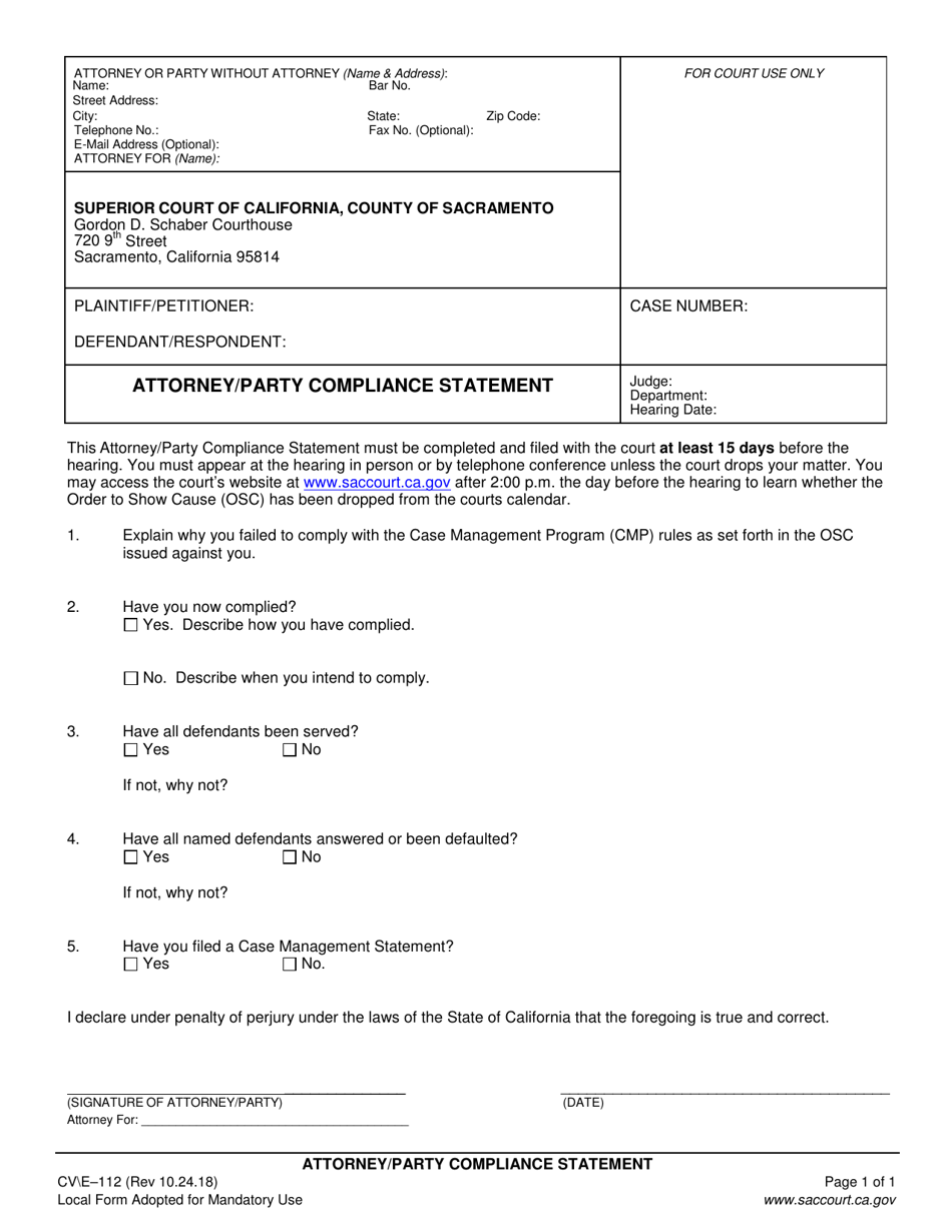 Form CV / E-112 Attorney / Party Compliance Statement - County of Sacramento, California, Page 1