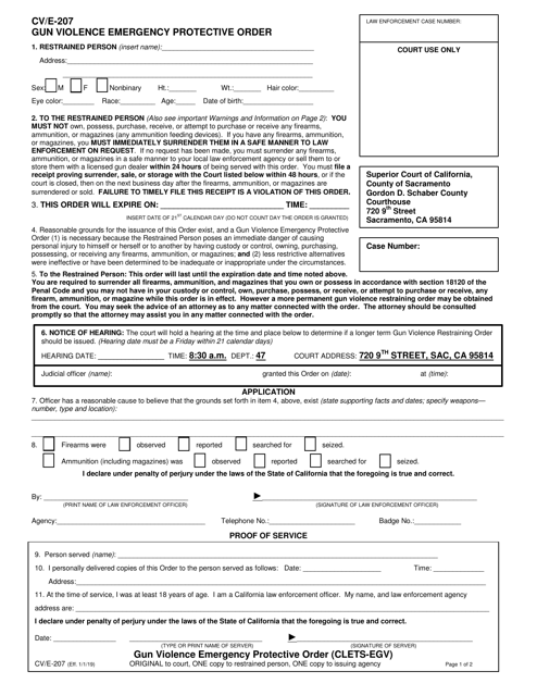 Form CV/E-207 Gun Violence Emergency Protective Order - County of Sacramento, California