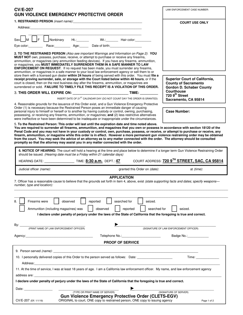 Form CV / E-207 Gun Violence Emergency Protective Order - County of Sacramento, California, Page 1