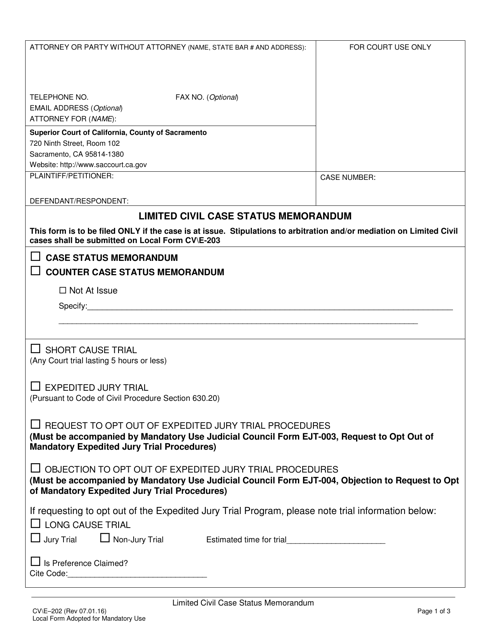 Form CV/E-202 Limited Civil Case Status Memorandum - County of Sacramento, California