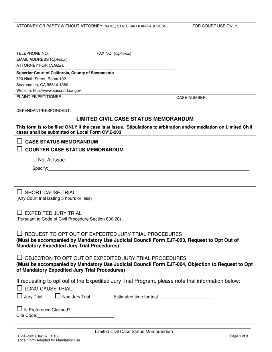 Form CV/E-202 Limited Civil Case Status Memorandum - County of Sacramento, California, Page 1