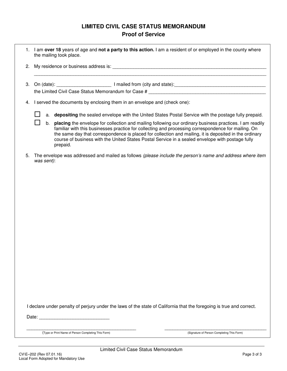 Form CV / E-202 Limited Civil Case Status Memorandum - County of Sacramento, California, Page 3
