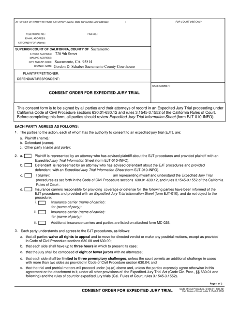 Form EJT-020 Consent Order for Expedited Jury Trial - County of Sacramento, California