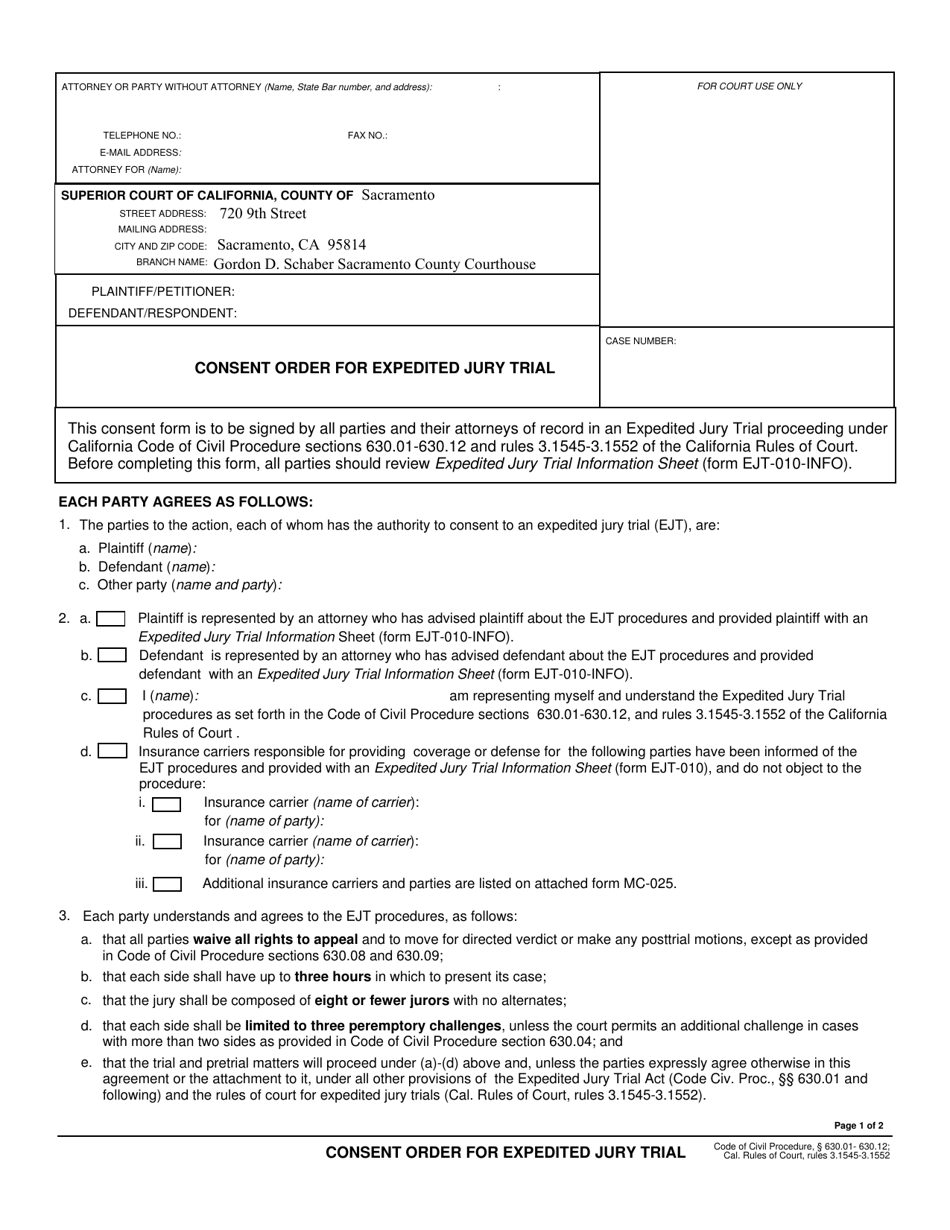 Form EJT-020 Consent Order for Expedited Jury Trial - County of Sacramento, California, Page 1