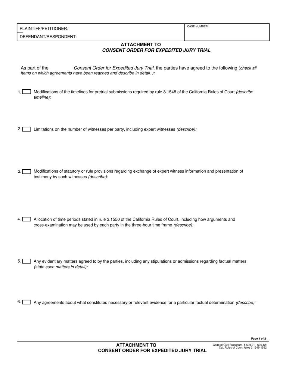 Form EJT-020A Attachment to Consent Order for Expedited Jury Trial - County of Sacramento, California, Page 1
