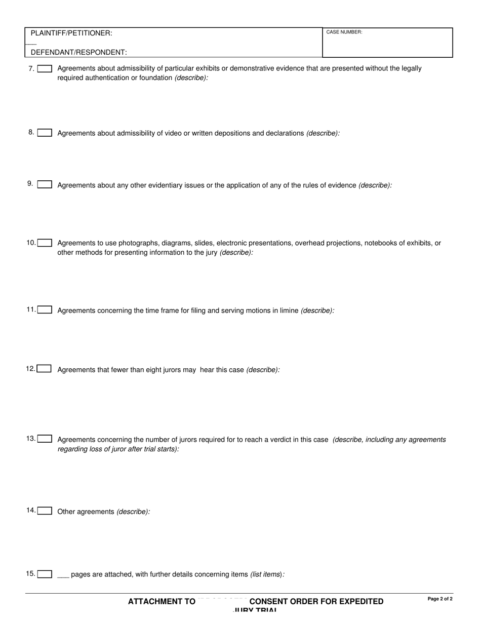 Form EJT-020A Attachment to Consent Order for Expedited Jury Trial - County of Sacramento, California, Page 2