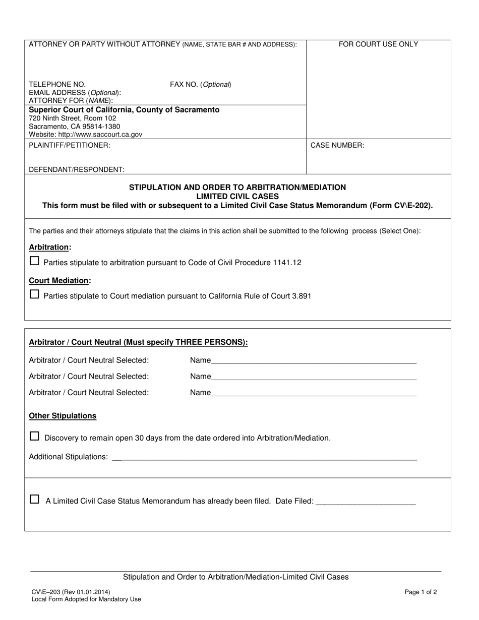 Form CV / E-203 Stipulation and Order to Arbitration / Mediation - Limited Civil Cases - County of Sacramento, California, Page 1