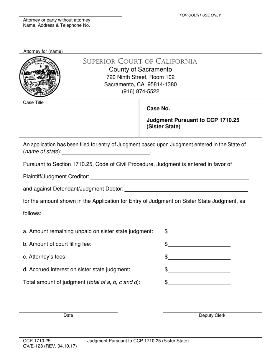 Form CV / E-123 Judgment Pursuant to Ccp 1710.25 (Sister State) - County of Sacramento, California, Page 1