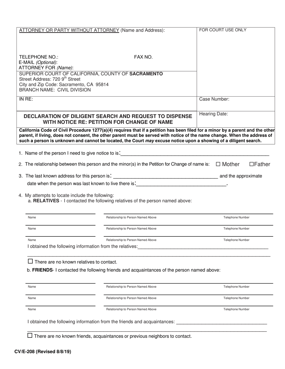 Form CV / E-208 Declaration of Diligent Search and Request to Dispense With Notice Re: Petition for Change of Name - County of Sacramento, California, Page 1