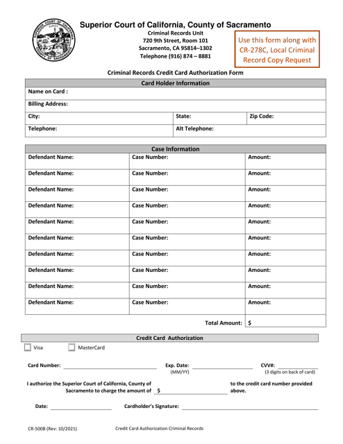 Form CR-500B Criminal Records Credit Card Authorization Form - County of Sacramento, California