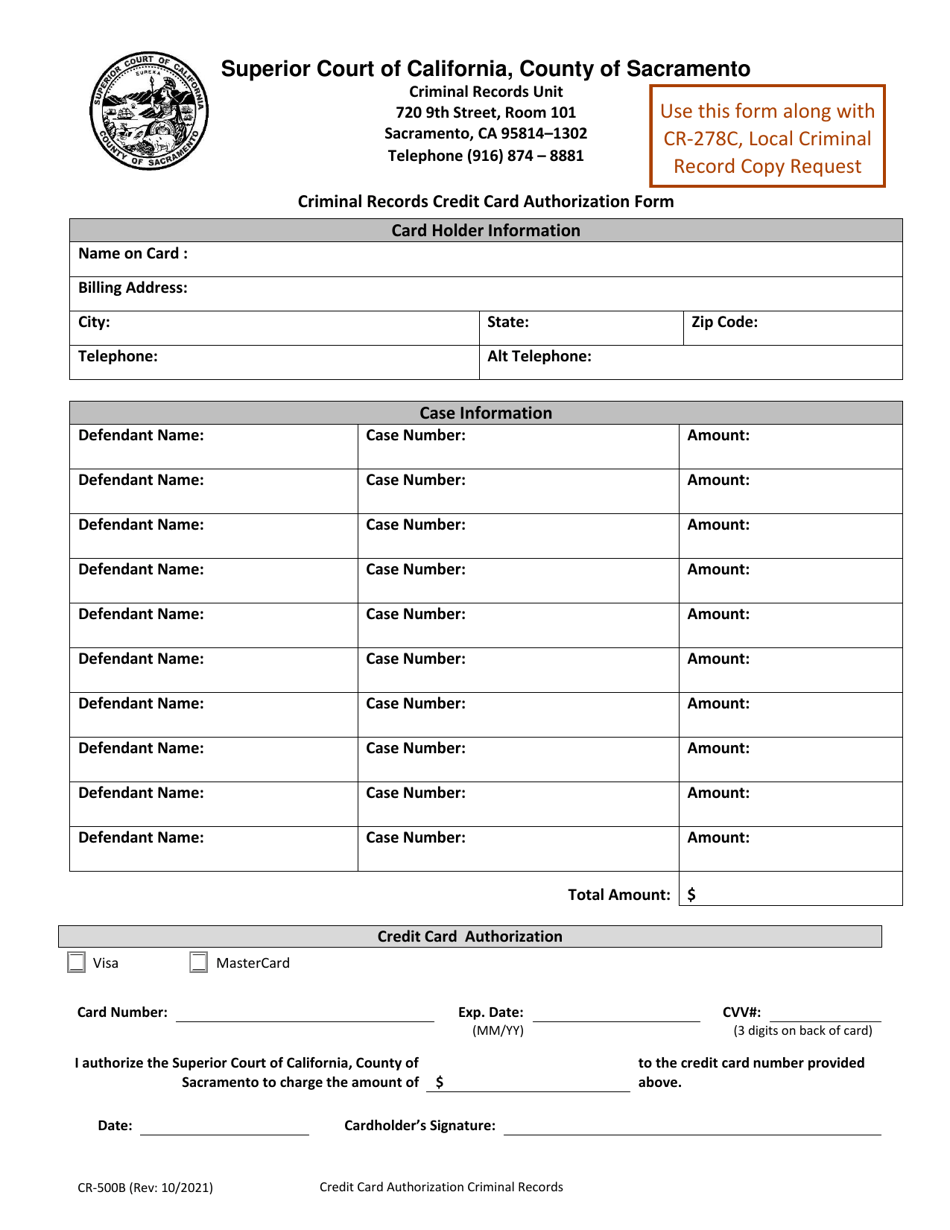 Form CR-500B Criminal Records Credit Card Authorization Form - County of Sacramento, California, Page 1