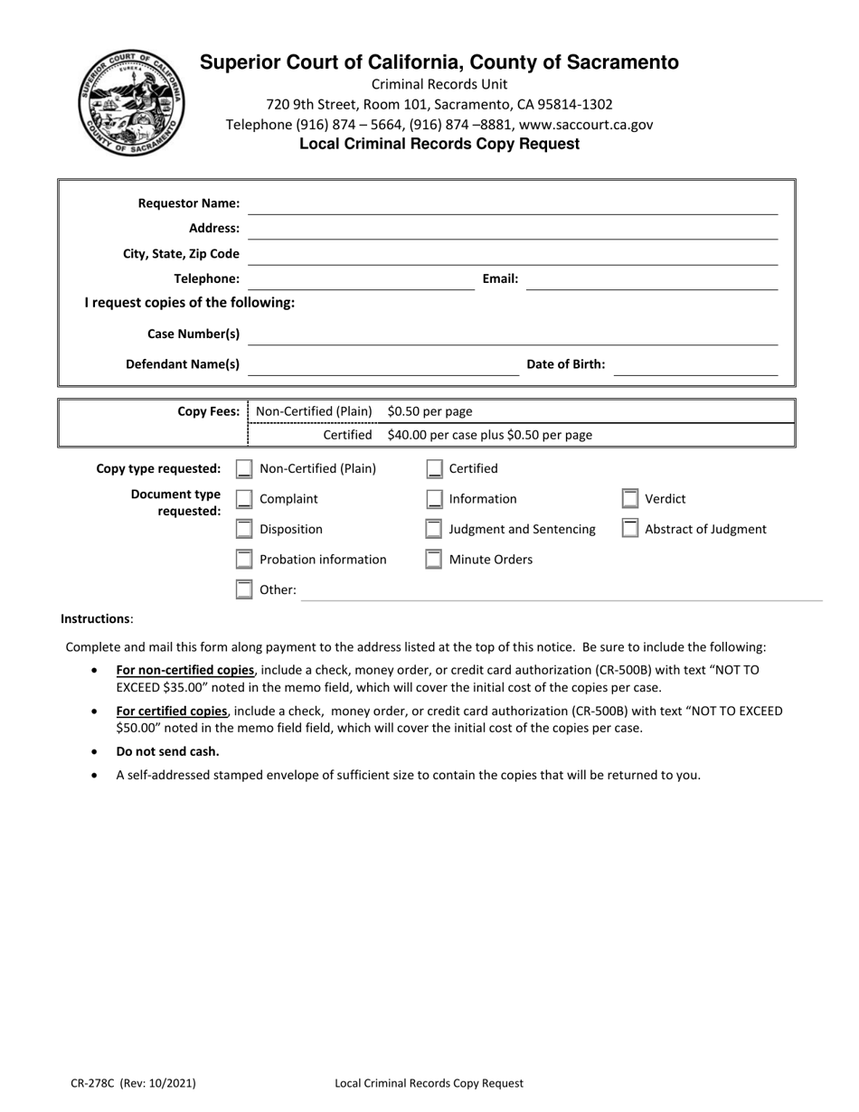 Form CR-278C Local Criminal Records Copy Request - County of Sacramento, California, Page 1