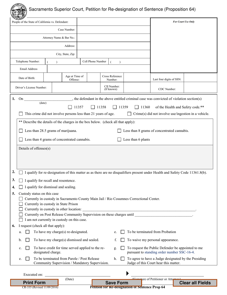 Form CR-335 Petition for Re-designation of Sentence (Proposition 64) - County of Sacramento, California, Page 1