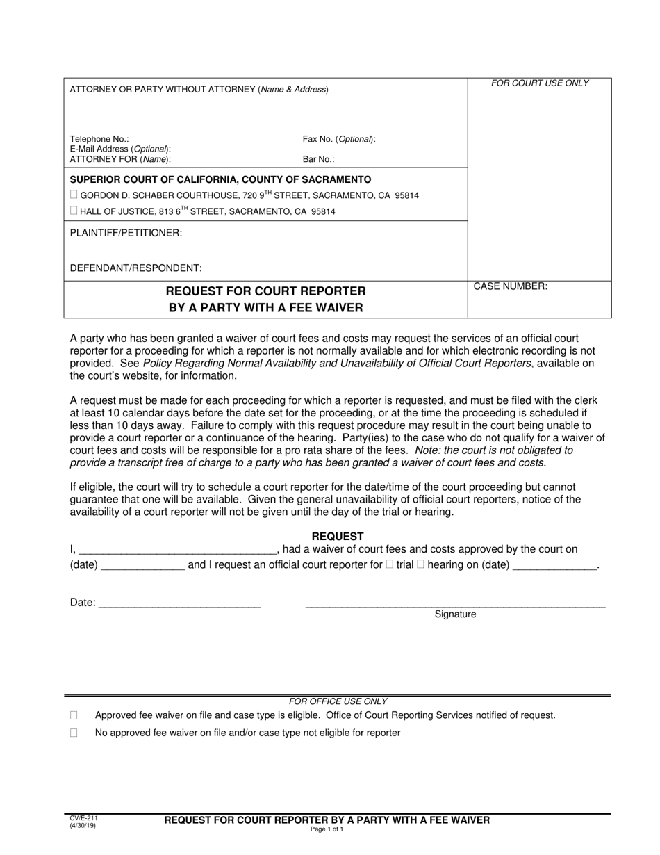 Form CV / E-211 Request for Court Reporter by a Party With a Fee Waiver - County of Sacramento, California, Page 1