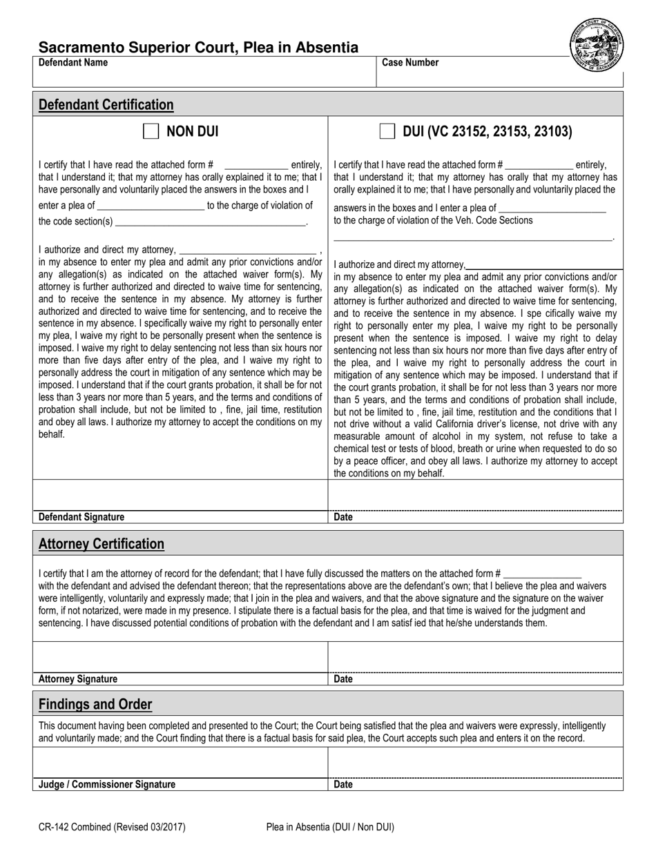Form CR-142 Plea in Absentia (Dui / Non Dui) - County of Sacramento, California, Page 1