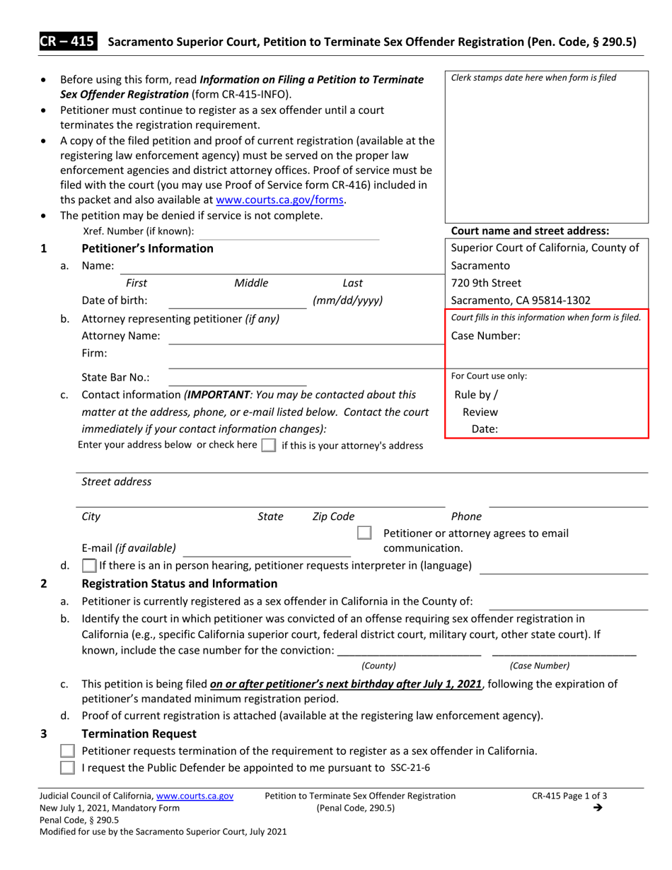 Form CR-415 Petition to Terminate Sex Offender Registration - County of Sacramento, California, Page 1