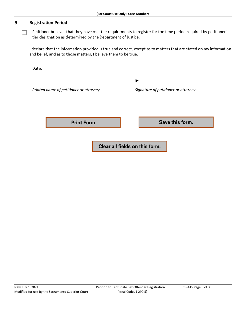Form CR-415 Petition to Terminate Sex Offender Registration - County of Sacramento, California, Page 3