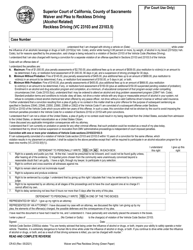 Form CR-63 &quot;Waiver and Plea to Reckless Driving (Alcohol Related)&quot; - County of Sacramento, California