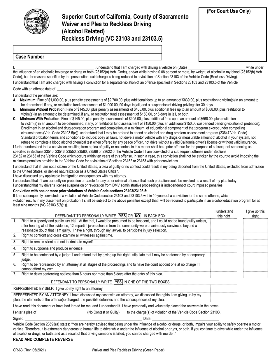 Form CR-63 Waiver and Plea to Reckless Driving (Alcohol Related) - County of Sacramento, California, Page 1