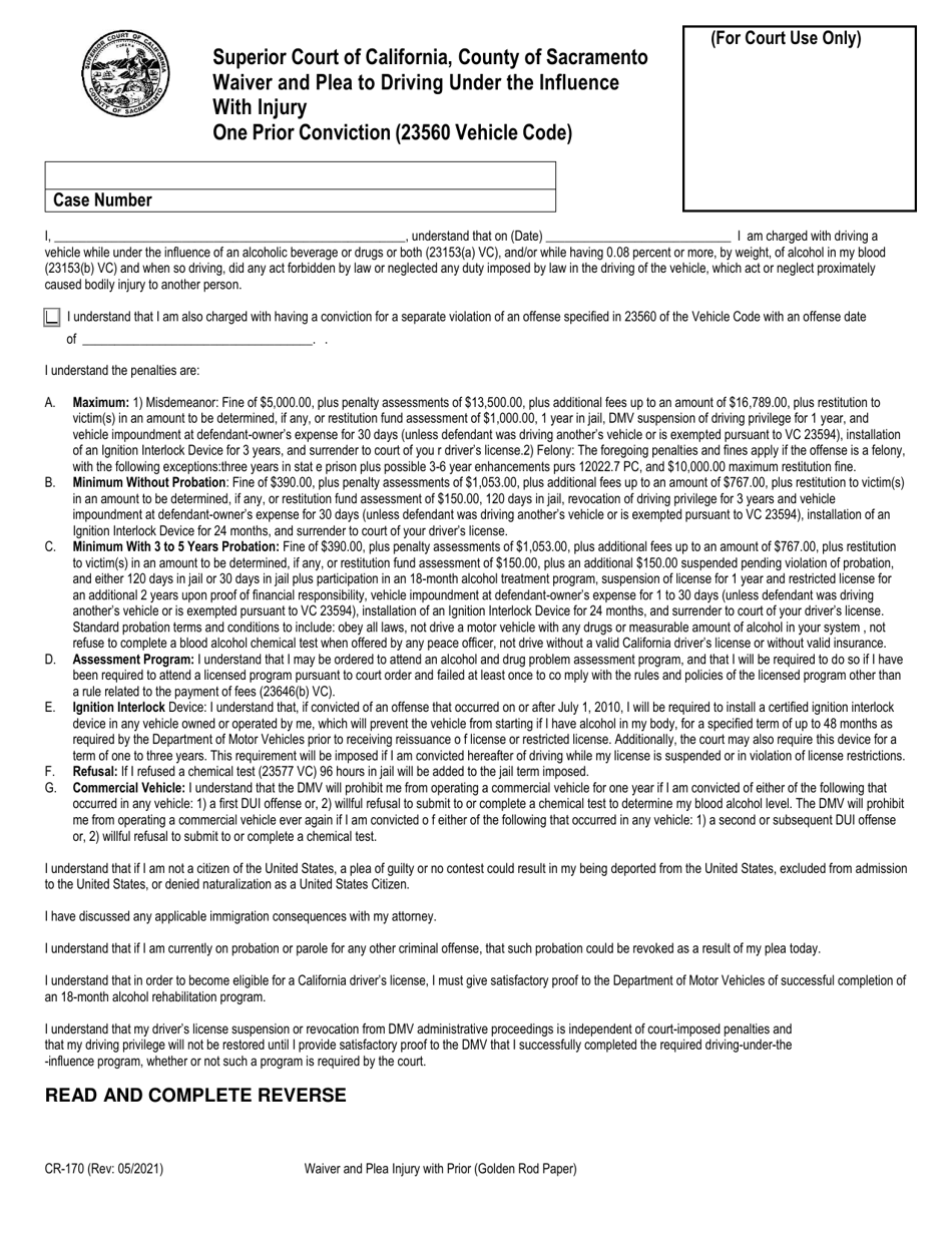 Form CR-170 Waiver and Plea to Driving Under the Influence With Injury - One Prior Conviction - County of Sacramento, California, Page 1