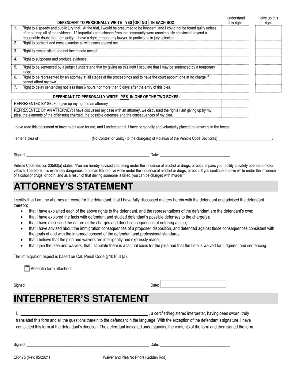 Form CR-175 Waiver and Plea to Driving Under the Influence With Injury - No Prior Conviction - County of Sacramento, California, Page 2
