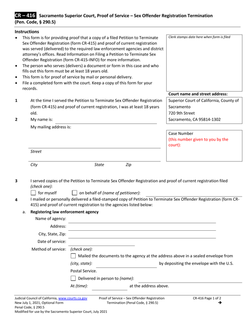 Form CR-416 Proof of Service - Sex Offender Registration Termination - County of Sacramento, California