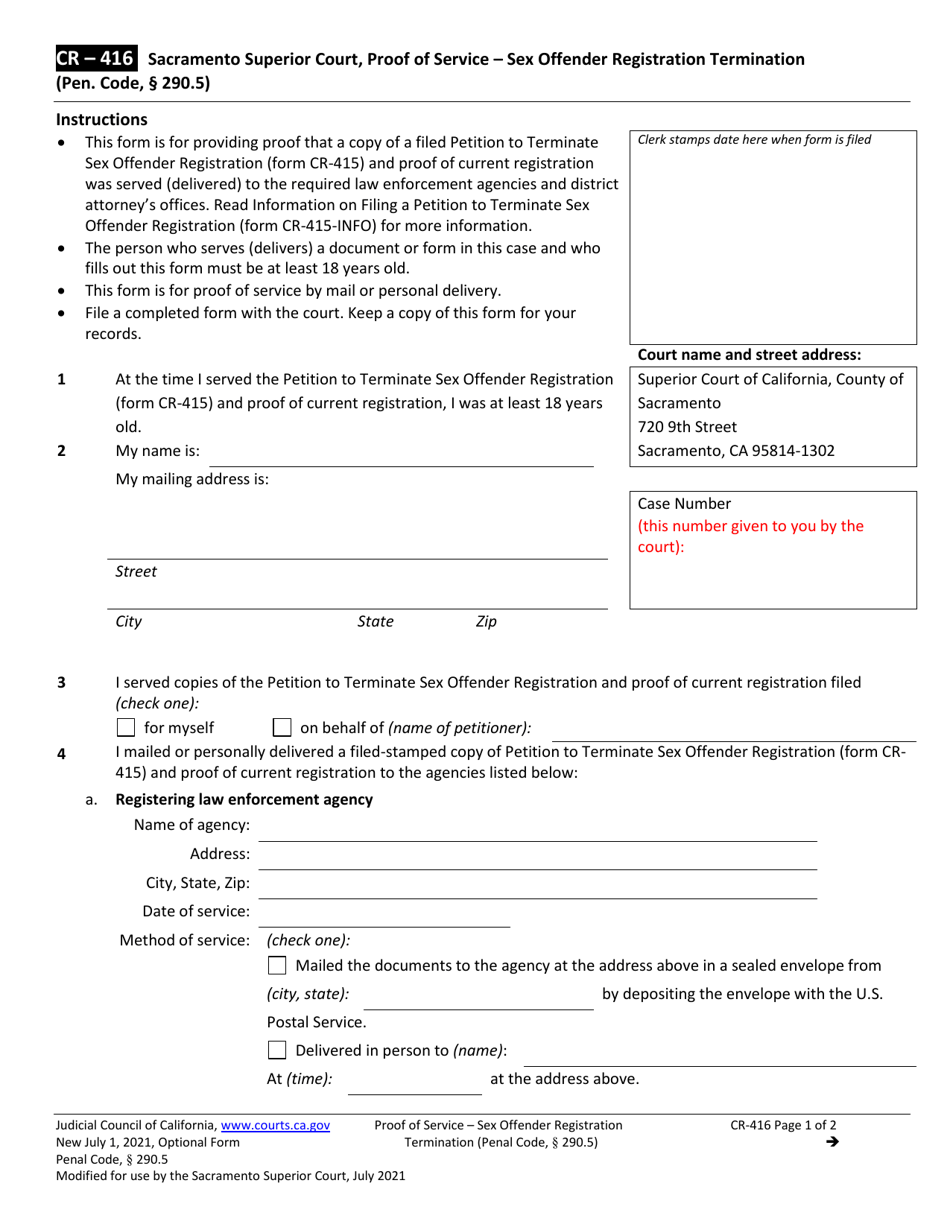 Form CR-416 Proof of Service - Sex Offender Registration Termination - County of Sacramento, California, Page 1