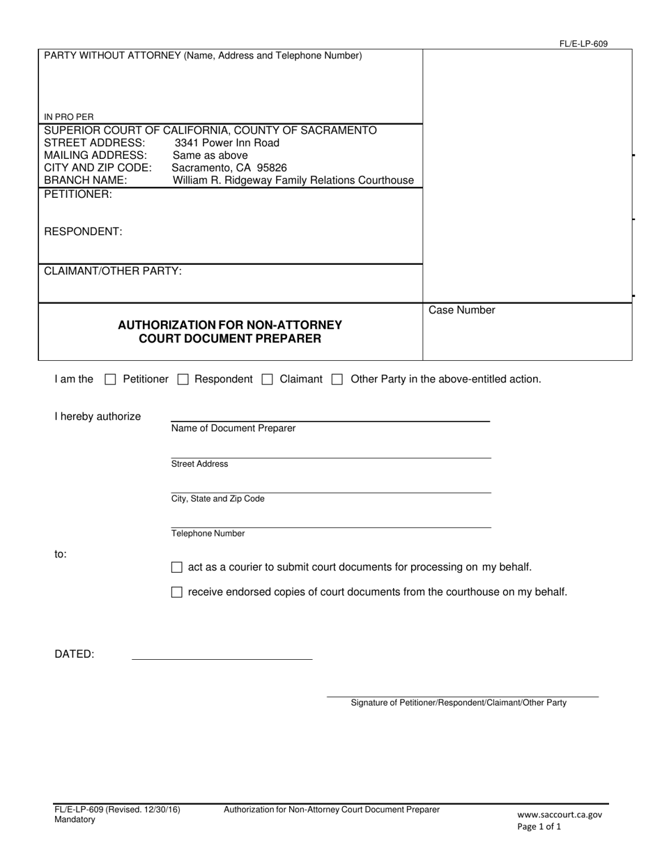 Form FL / E-LP-609 Authorization for Non-attorney Court Document Preparer - County of Sacramento, California, Page 1