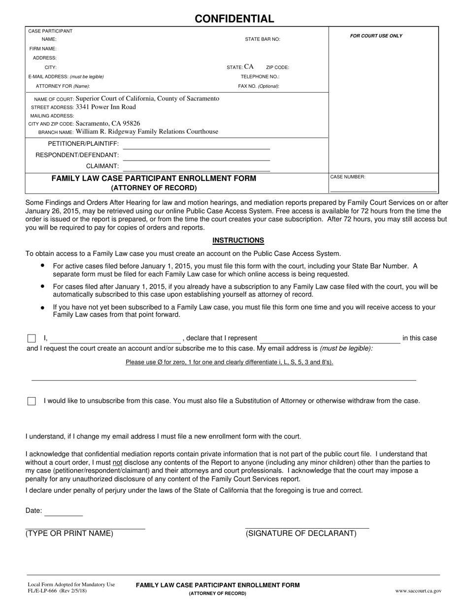 Form FL/E-LP-666 Family Law Case Participant Enrollment Form (Attorney of Record) - County of Sacramento, California, Page 1