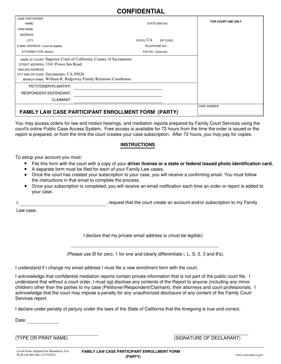 Form FL/E-LP-665 Family Law Case Participant Enrollment Form (Party) - County of Sacramento, California, Page 1
