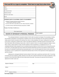 Document preview: Form CR-315 Waiver of Defendant's Personal Presence - County of Sacramento, California