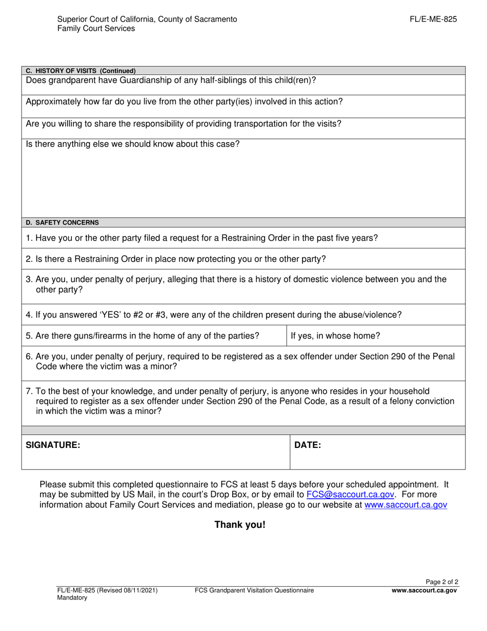 Form FL / E-ME-825 Grandparent Visitation Questionnaire - County of Sacramento, California, Page 2
