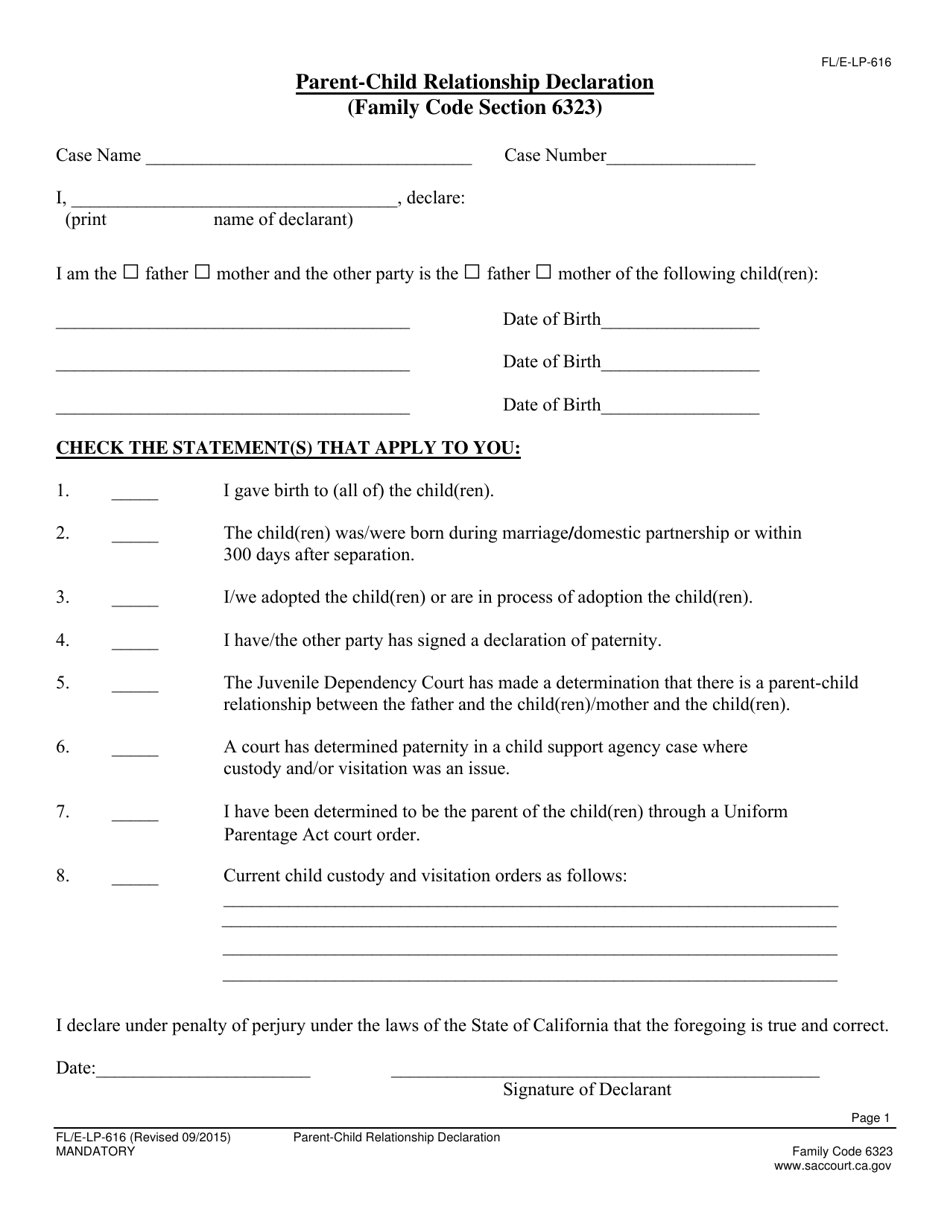 Form FL / E-LP-616 Parent-Child Relationship Declaration - County of Sacramento, California, Page 1