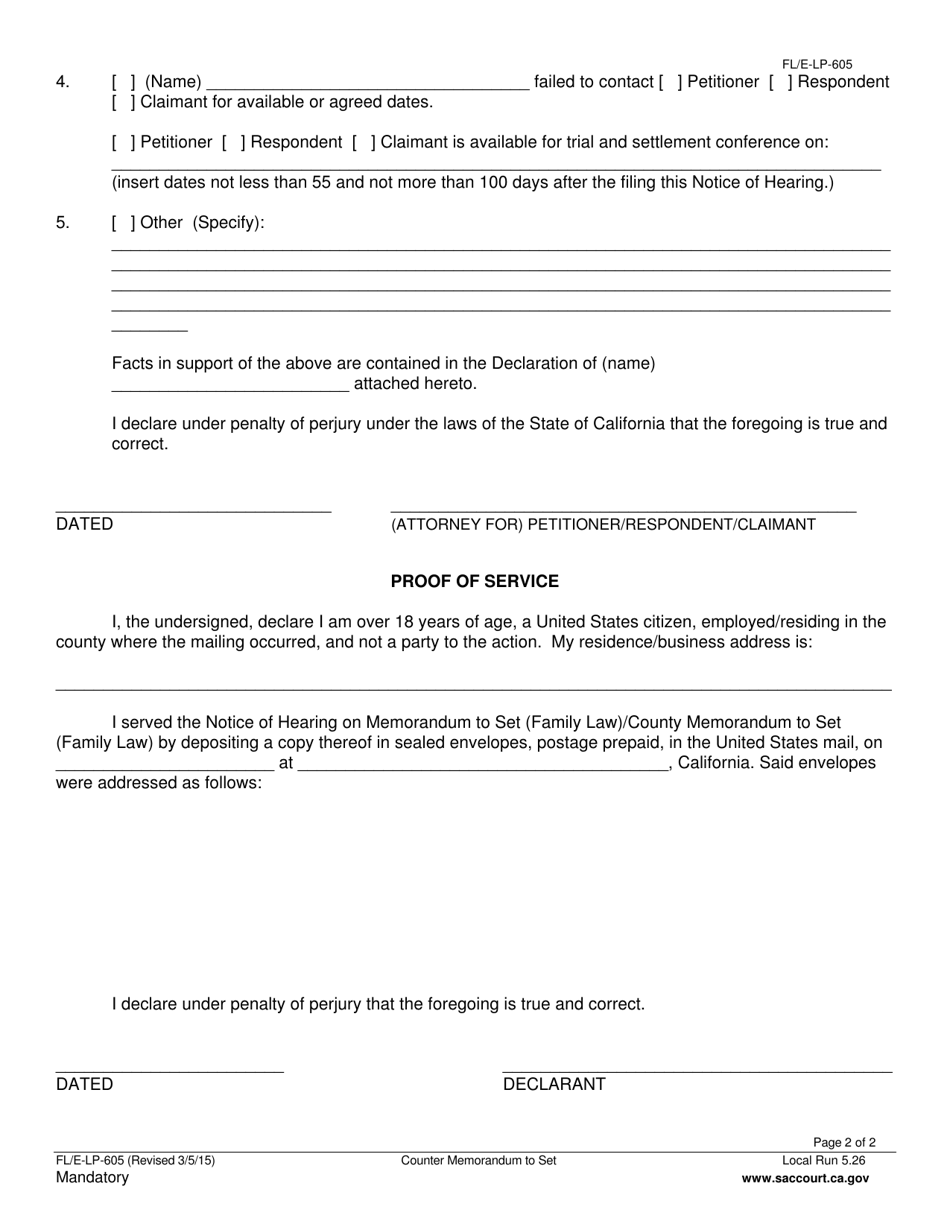 Form FL / E-LP-605 Notice of Hearing on Memorandum to Set Counter Memorandum to Set (Family Law) - County of Sacramento, California, Page 2