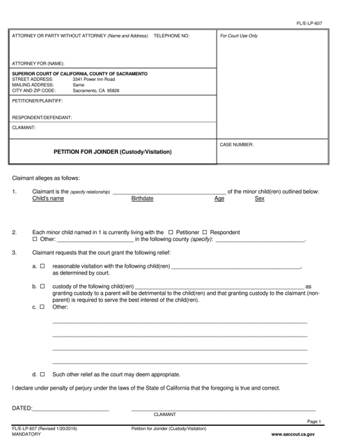 Form FL/E-LP-607 Petition for Joinder (Custody/Visitation) - County of Sacramento, California