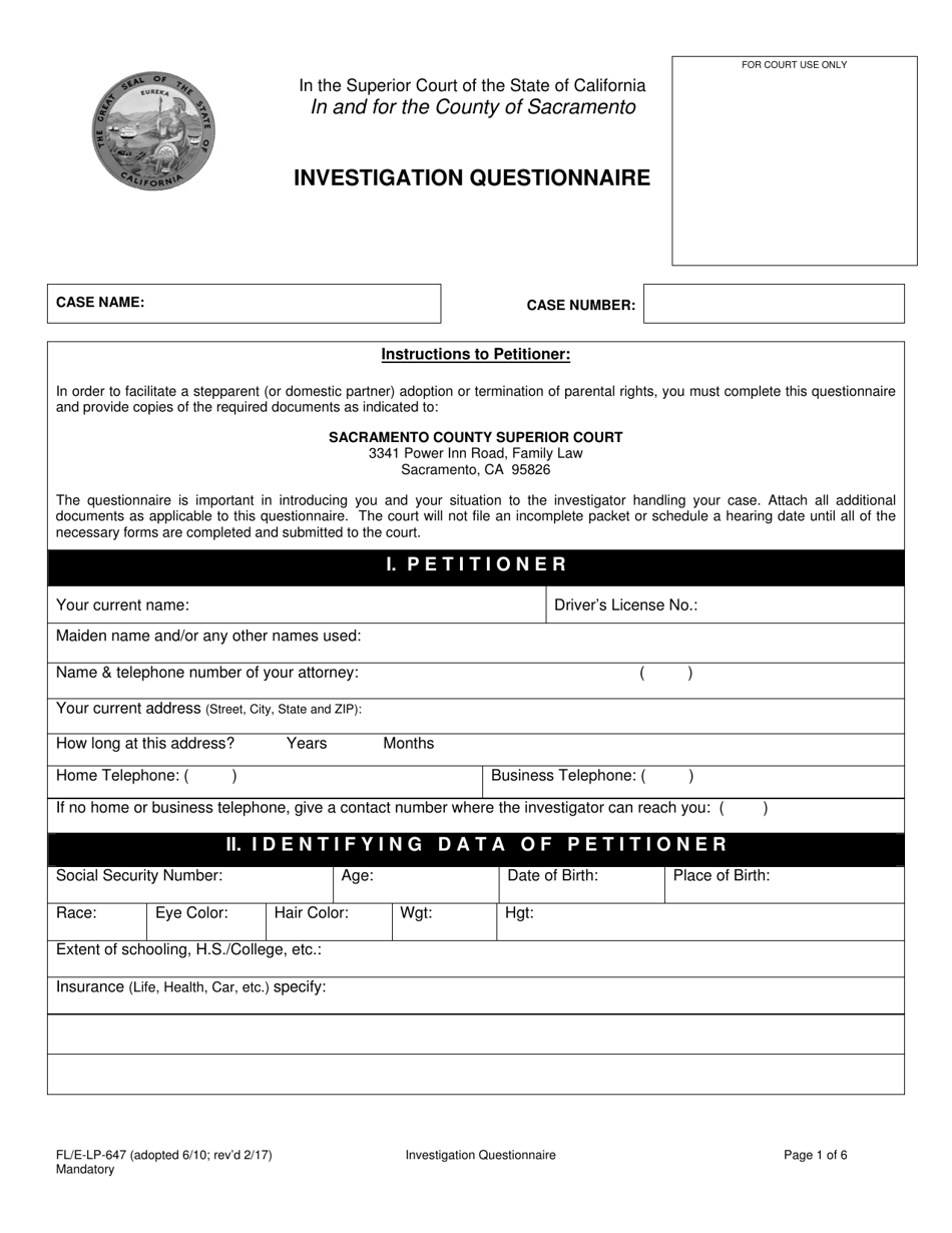 Form FL / E-LP-647 Investigation Questionnaire - County of Sacramento, California, Page 1
