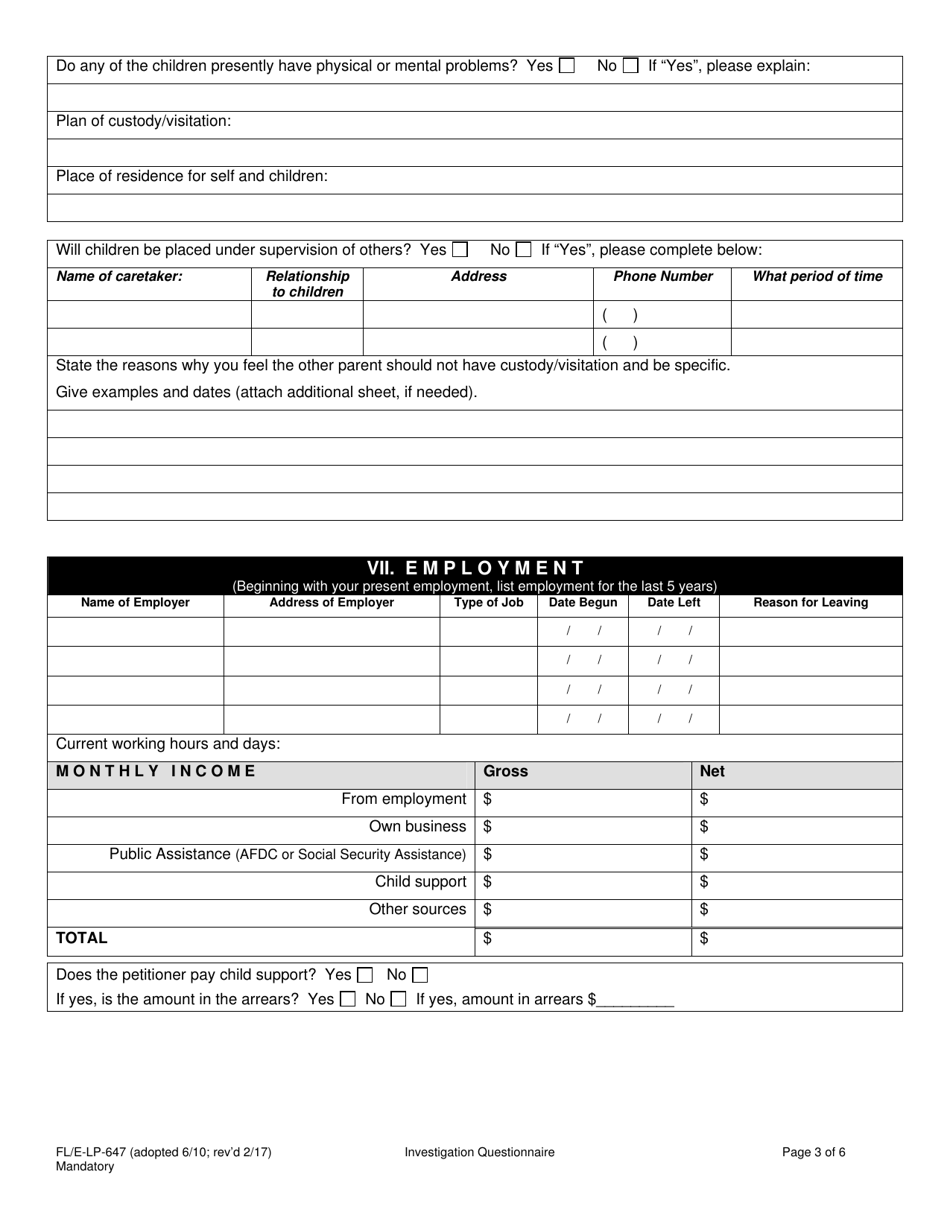 Form FL / E-LP-647 Investigation Questionnaire - County of Sacramento, California, Page 3