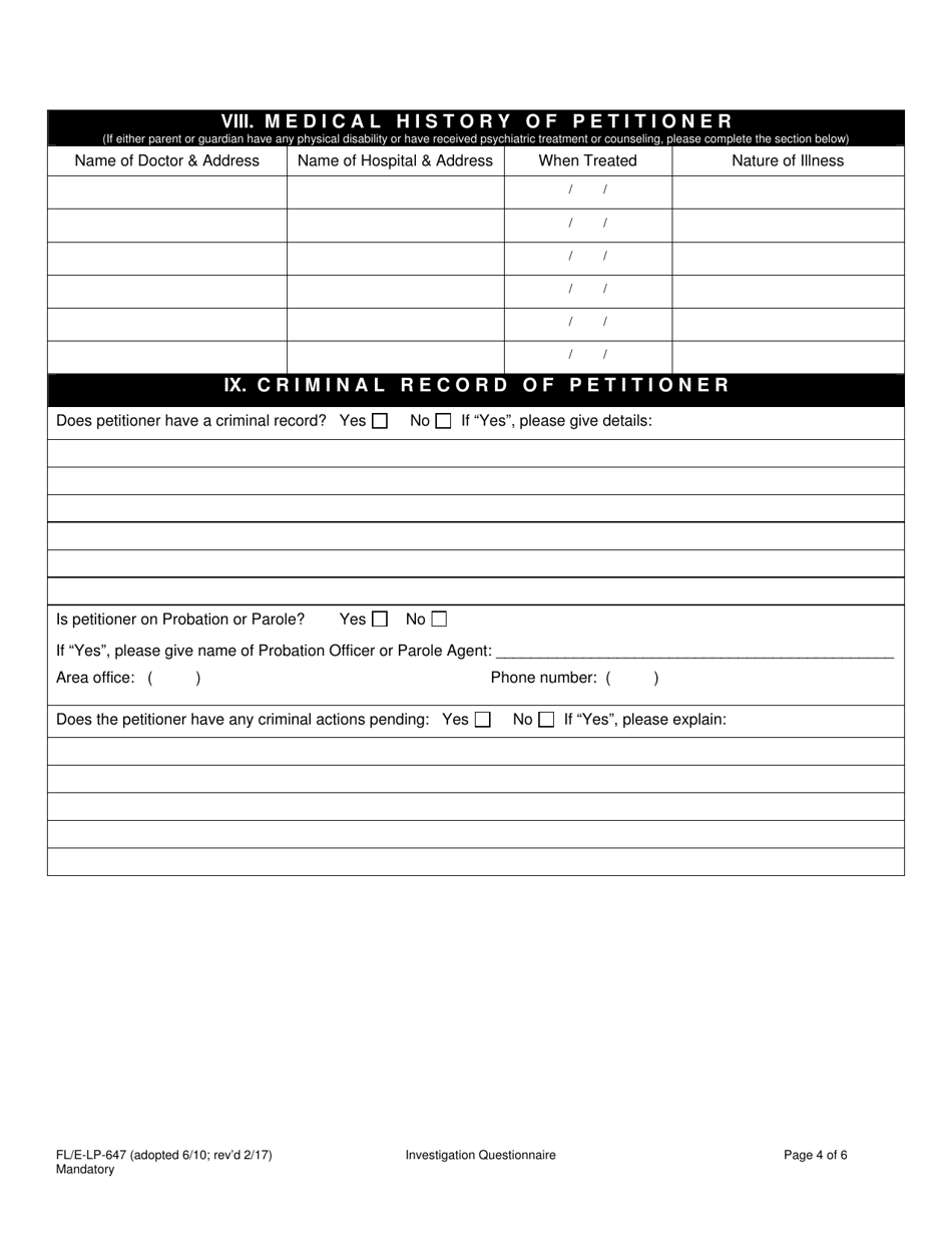 Form FL / E-LP-647 Investigation Questionnaire - County of Sacramento, California, Page 4
