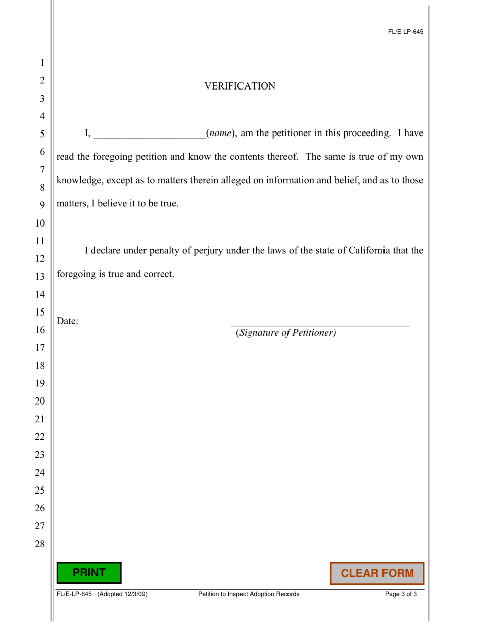 Form FL / E-LP-645 Petition to Inspect Adoption Records - County of Sacramento, California, Page 3