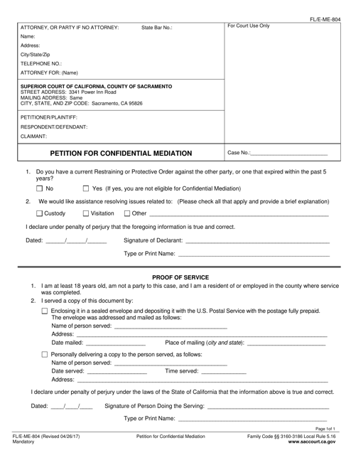 Form FL/E-ME-804 Petition for Confidential Mediation - County of Sacramento, California