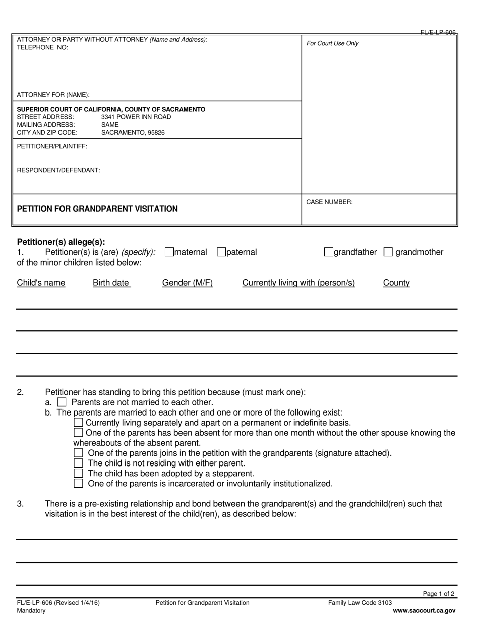 Form FL/E-LP-606 Petition for Grandparent Visitation - County of Sacramento, California, Page 1