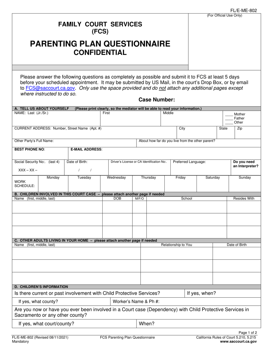 Form FL / E-ME-802 Fcs Parenting Plan Questionnaire - County of Sacramento, California, Page 1