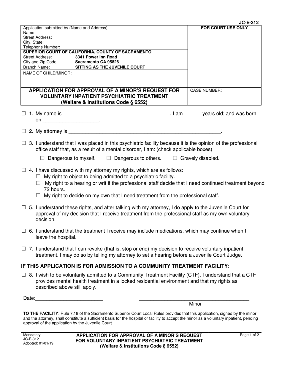 Form JC-E-312 Application for Approval of a Minors Request for Voluntary Inpatient Psychiatric Treatment - County of Sacramento, California, Page 1