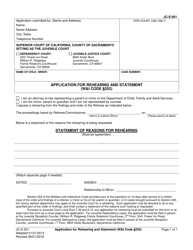 Document preview: Form JC E-001 Application for Rehearing and Statement - County of Sacramento, California