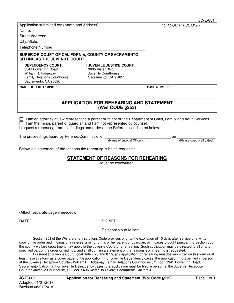 Form JC E-001 Application for Rehearing and Statement - County of Sacramento, California, Page 1