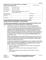 Form JC E-327 &quot;Court Ordered Psychotropic Medication Evaluation or Mental Health Assessment - for Children&quot; - County of Sacramento, California
